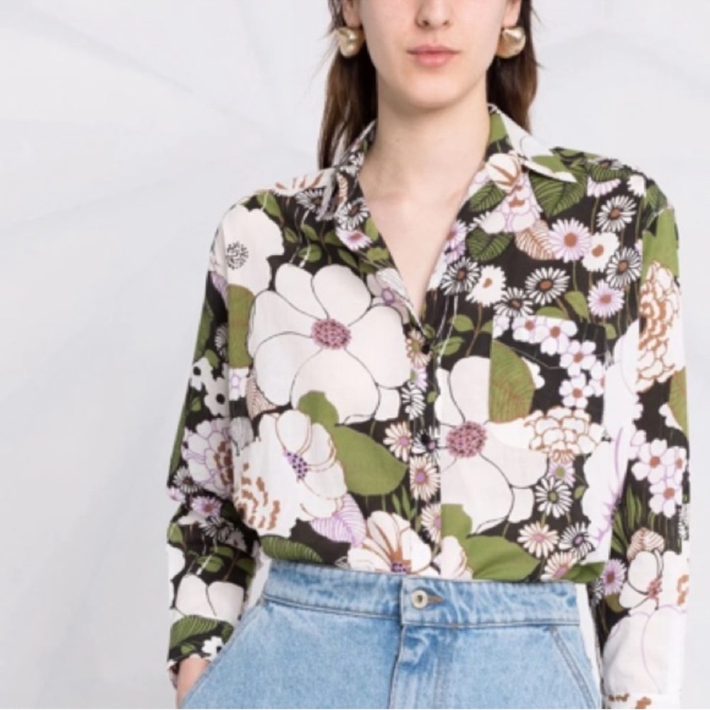 MAJE Coflower Floral-print Cotton-voile Shirt In Flower 70's Black - Picture 3 of 10